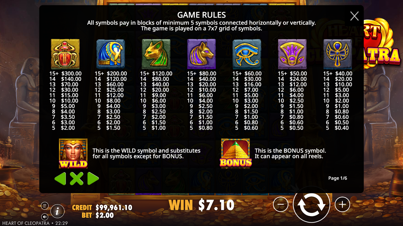 Heart of Cleopatra paytable page showing all seven symbols with cluster-size payouts plus the Cleopatra Wild and pyramid Bonus symbol