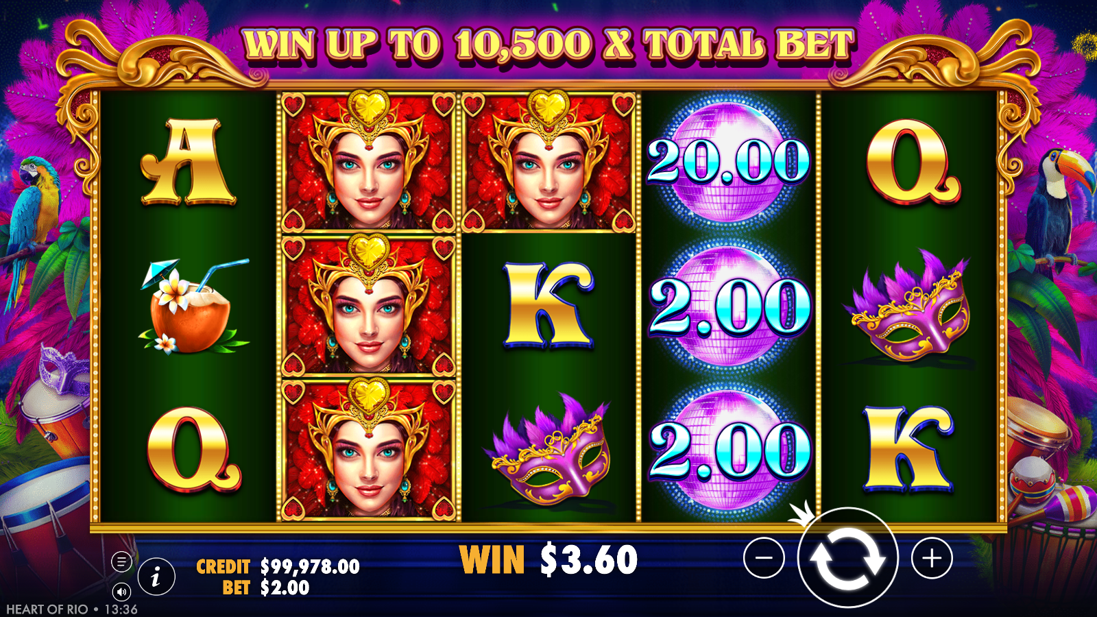 Heart of Rio Money Collect symbols, three glowing disco-ball Money symbols on reel four carrying A$20.00, A$2.00 and A$2.00 cash values beside a stacked carnival-queen premium.