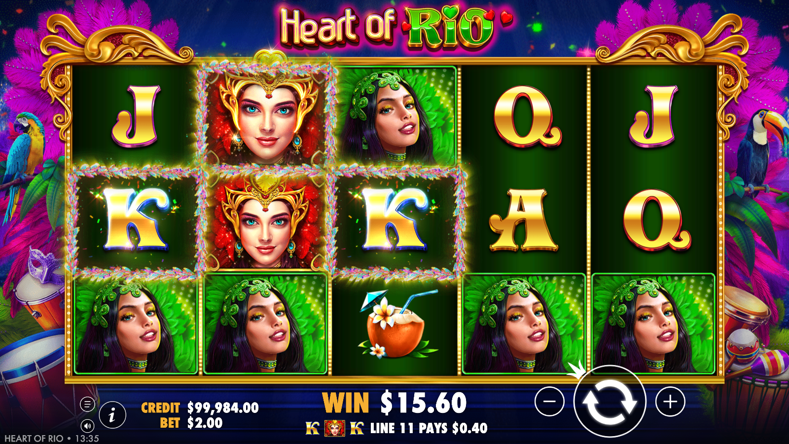 Heart of Rio line win, stacked carnival-queen premium symbols paying across the reels for A$15.60 at a A$2.00 stake.