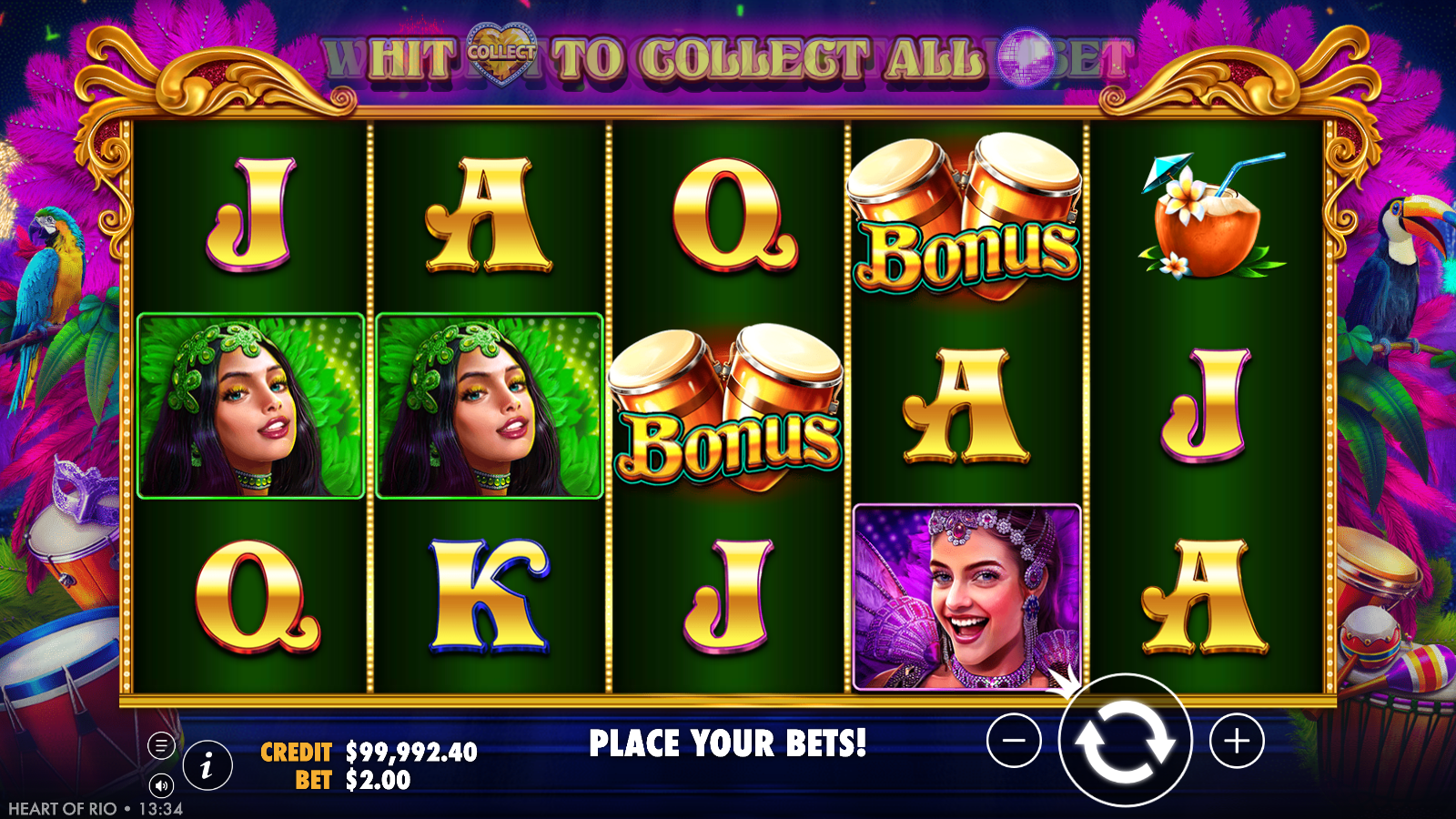 Heart of Rio Bonus scatters, two bongo-drum Bonus symbols landed on the centre reels, one short of the three needed to trigger Free Spins.
