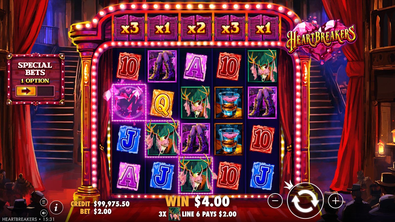 Heartbreakers 5×4 base game grid showing a highlighted winning line and the per-reel multiplier strip along the top