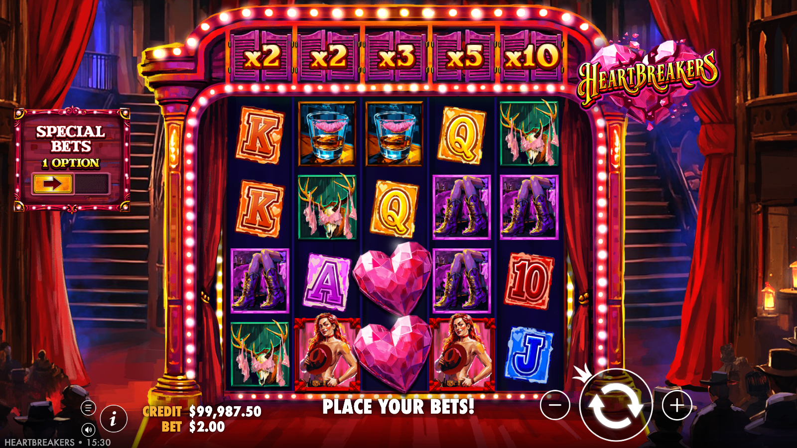 Pink Heart and blue Collect symbols clustered under a tall per-reel multiplier ladder in Heartbreakers
