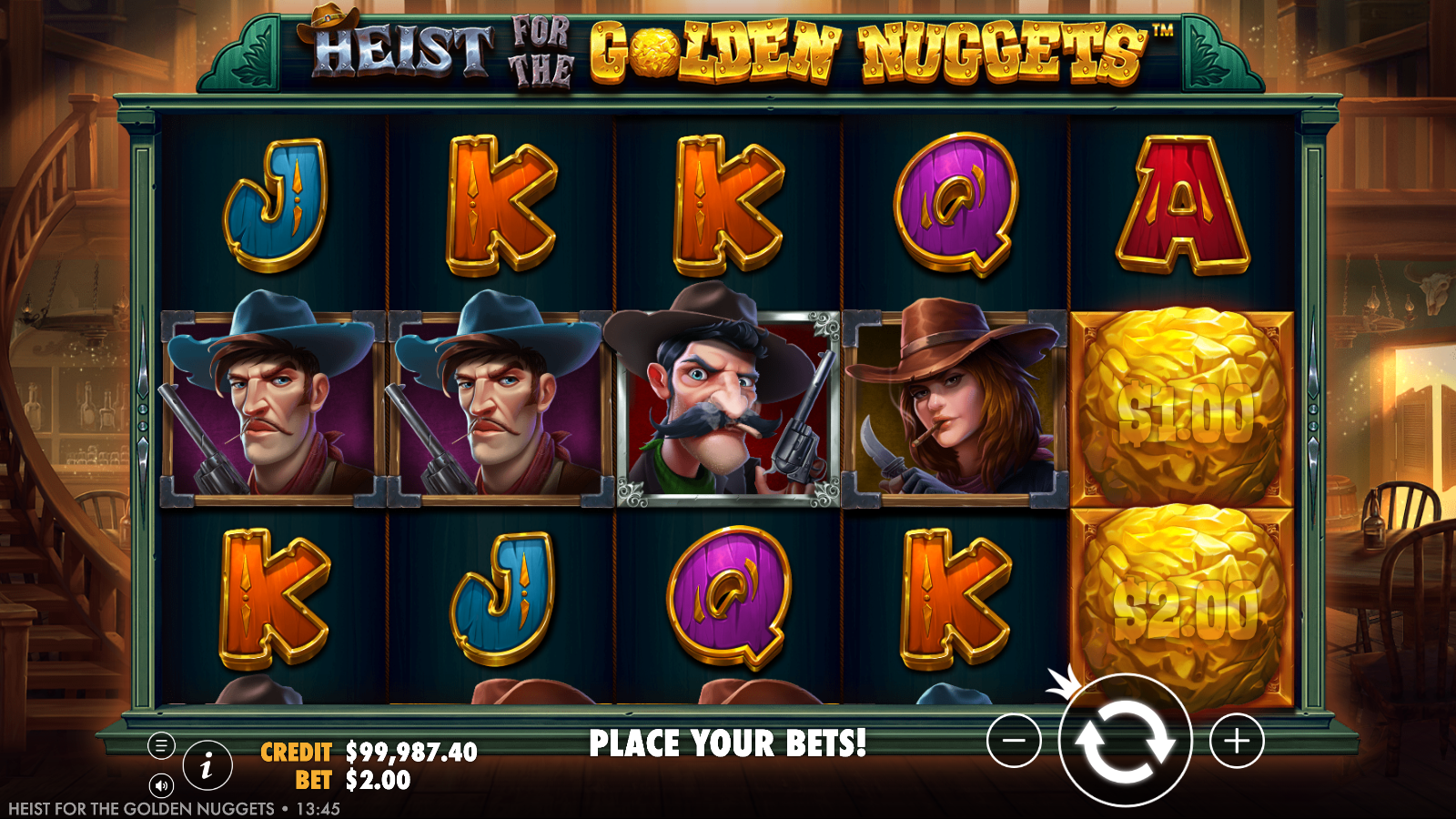 Heist for the Golden Nuggets base game, a 5x3 grid with 20 fixed paylines and Wild West outlaw symbols