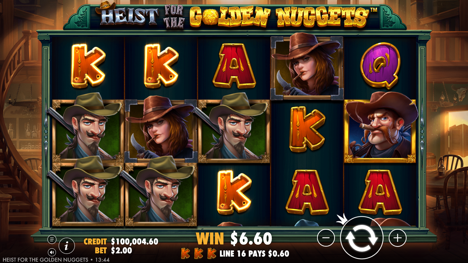 A 20 line base game win in Heist for the Golden Nuggets with matching symbols highlighted