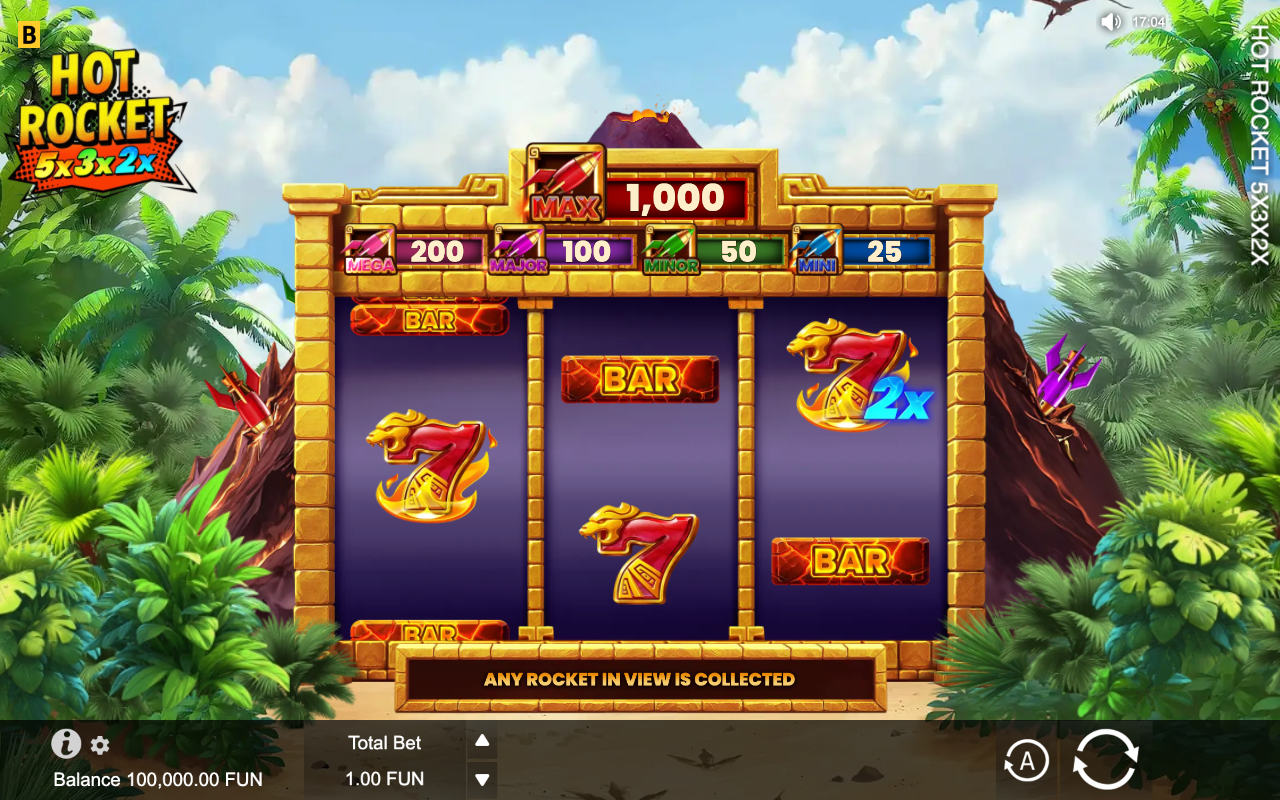 Hot Rocket 5x 3x 2x base game 3 by 3 grid showing the classic stepper symbols, Sevens and BAR tiles, set against the tropical volcano island backdrop