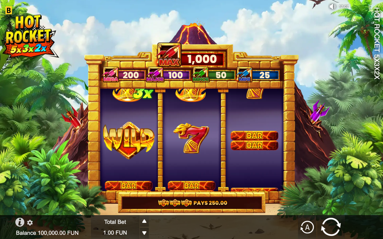 Hot Rocket 5x 3x 2x paying line with a Wild substituting on the first reel and a 3x multiplier symbol live on the grid, the win banner showing the payout