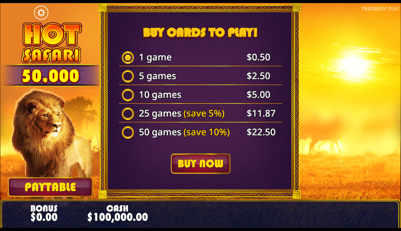A freshly bought Hot Safari 50,000 scratchcard buy menu showing single cards and bundle prices on a golden African savanna background with a lion and the Hot Safari 50,000 logo and paytable button
