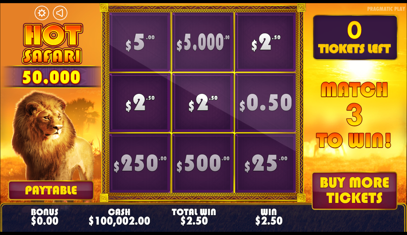 The Hot Safari 50,000 scratchcard fully revealed with a 3 by 3 grid of animal panels showing cash values and a matched three A$2.50 win against the match three to win goal