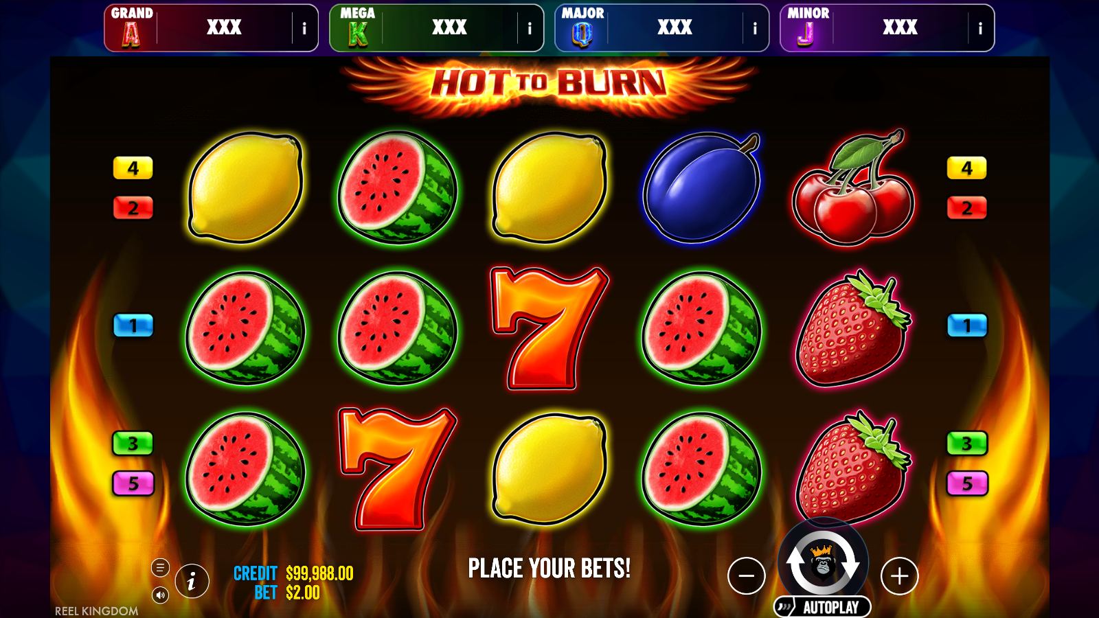 Hot to Burn Jackpot Play base game, five reels by three rows of fruit symbols under GRAND, MEGA, MAJOR and MINOR jackpot meters