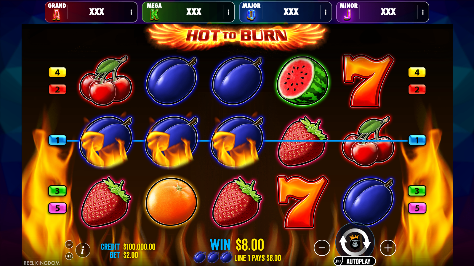 Payline 1 lit across the middle row of Hot to Burn Jackpot Play with three flaming plums and a LINE 1 PAYS readout in the footer
