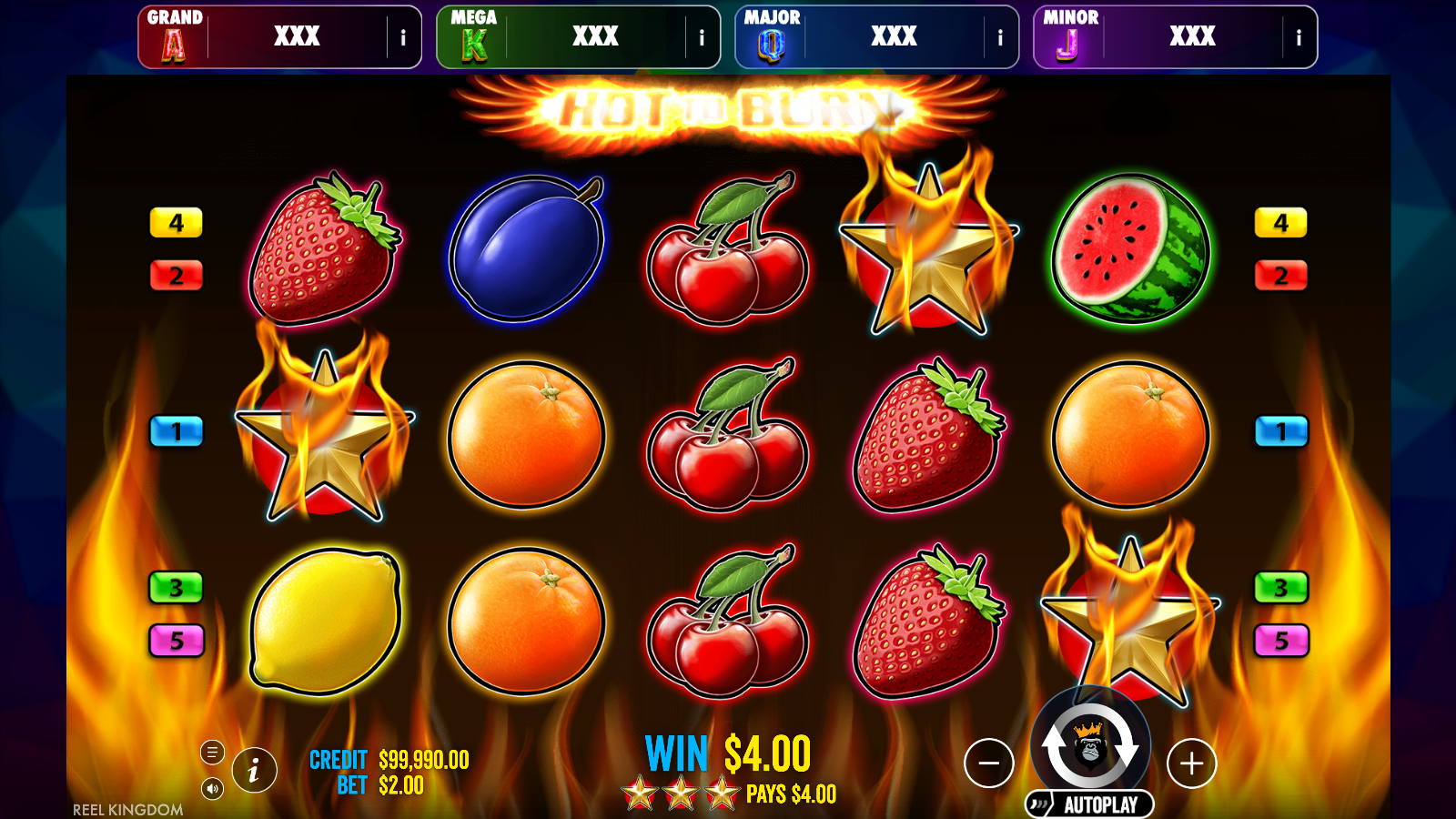 Three gold star scatters on reels 1, 4 and 5 of Hot to Burn Jackpot Play, each on a different row, paying in the footer