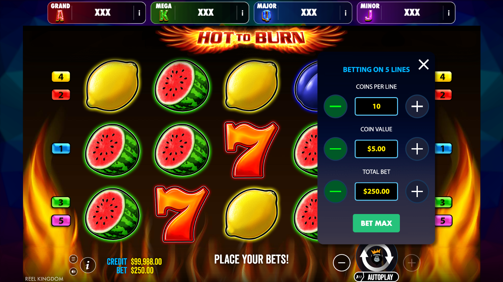 Bet menu of Hot to Burn Jackpot Play showing betting on 5 lines, 10 coins per line, coin value A$5.00 and total bet A$250.00