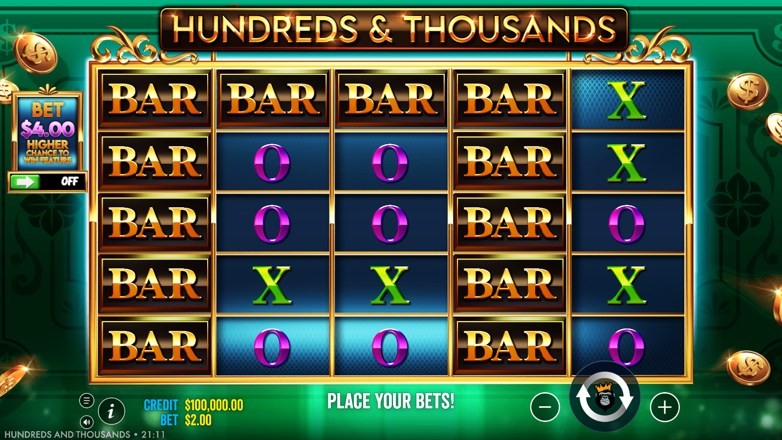 Hundreds and Thousands base game 5 by 5 grid with Bar, X and O symbols on green felt