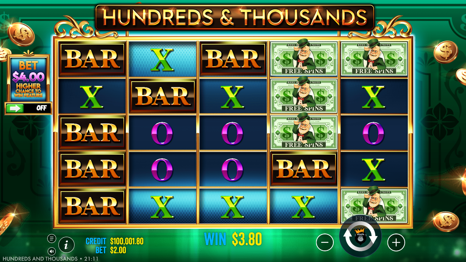 Hundreds and Thousands base game line win with green Free Spins dollar bill symbols