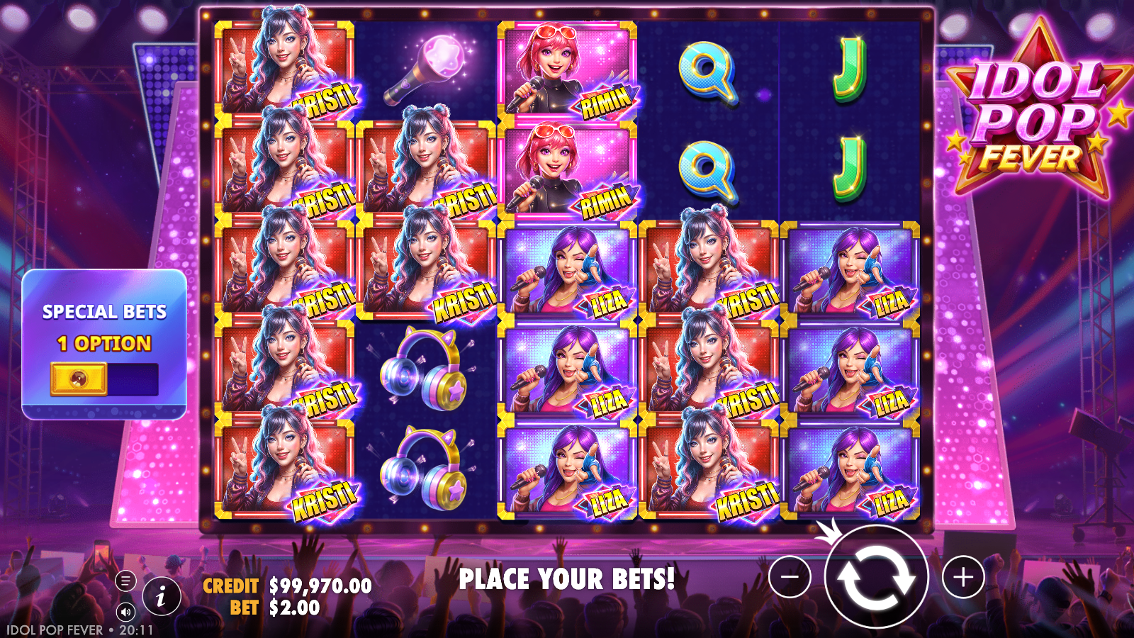 Tall stacks of the Idol Pop Fever girl-group symbols filling the reels against a neon concert-stage backdrop