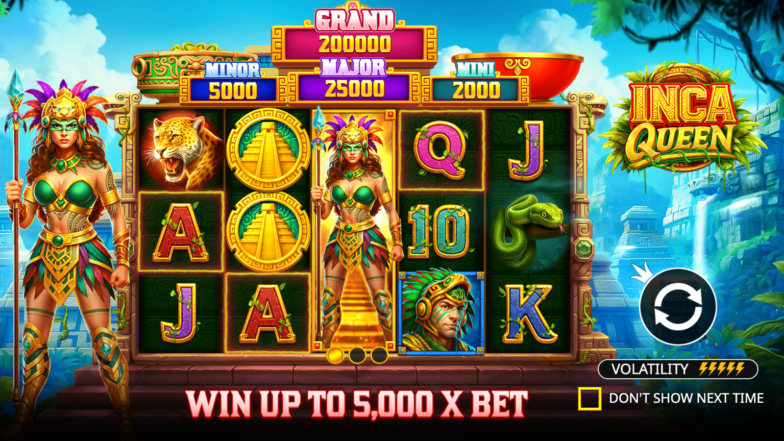 Inca Queen splash screen showing the Coya queen and an Inca warrior flanking the reels beneath the four-tier jackpot ladder and a max-multiplier banner