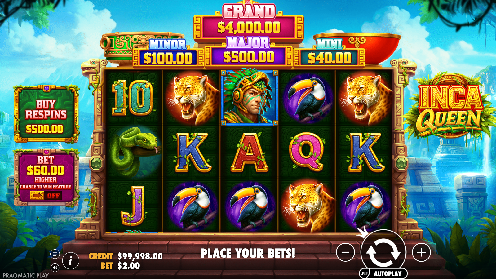 Inca Queen 5x3 base game at rest with the Buy Respins and Bet Higher feature panels on the left rail and the jackpot ladder across the top
