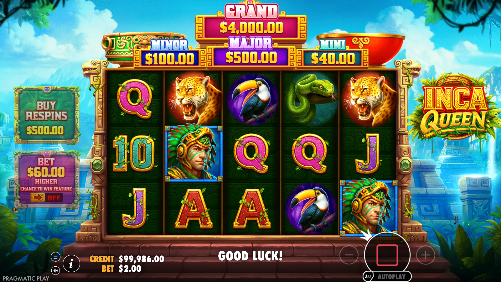Inca Queen base game during an active spin, reels showing a mix of the Inca warrior, jaguar, toucan and snake symbols above the card royals
