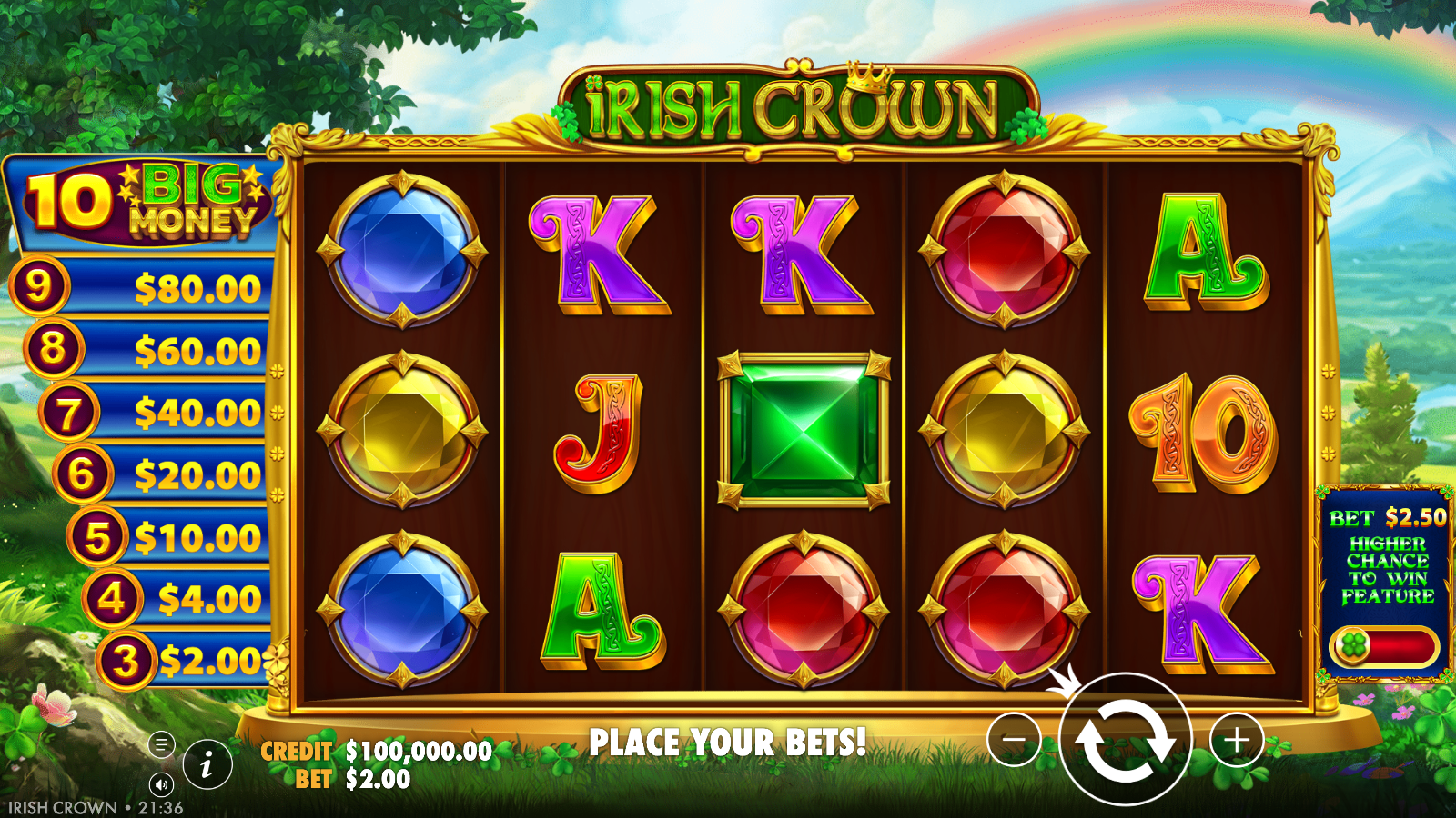 Irish Crown base game 5x3 grid with the Big Money crown ladder