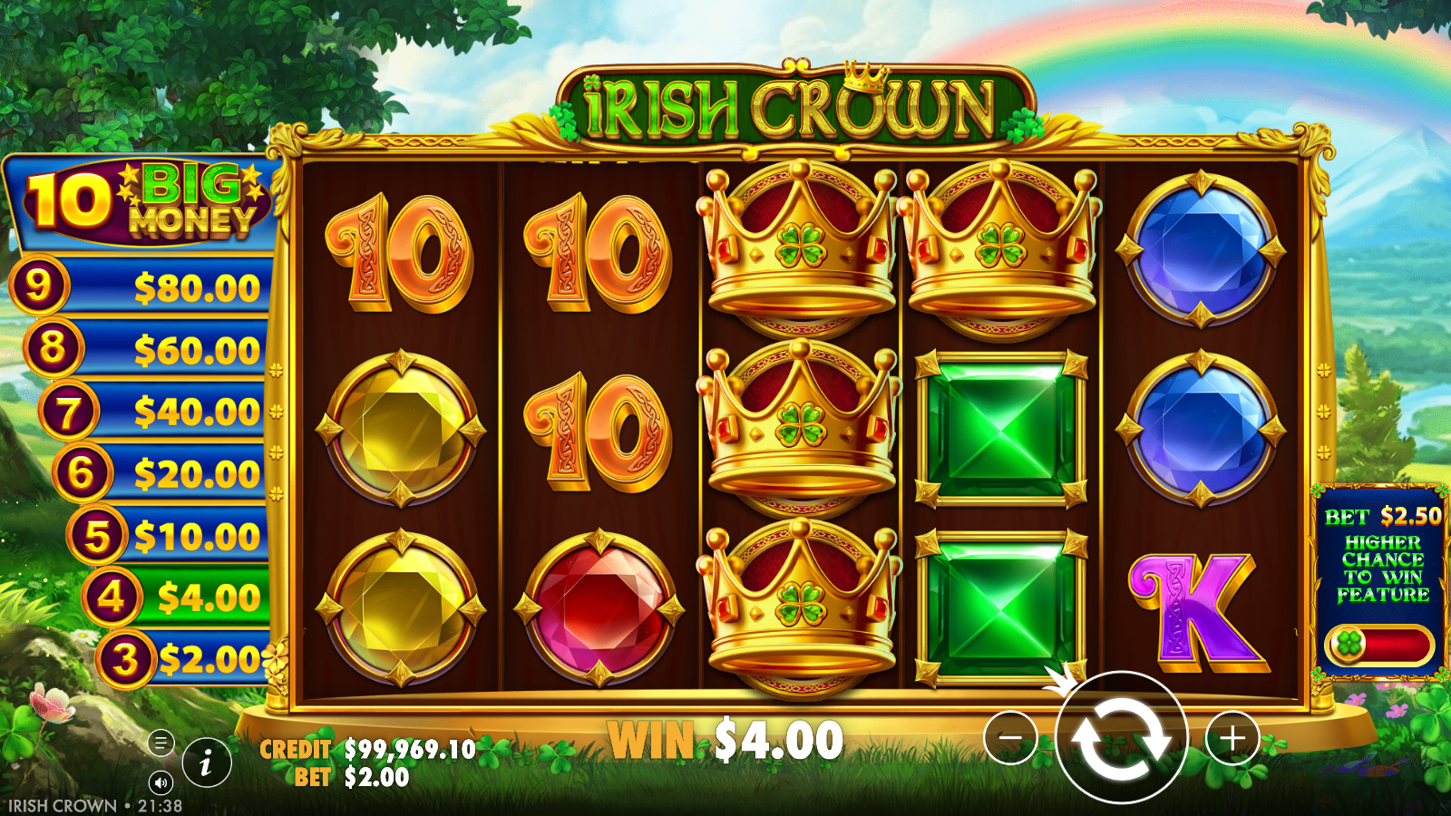 Multiple gold Crown symbols landing across the middle reels of Irish Crown
