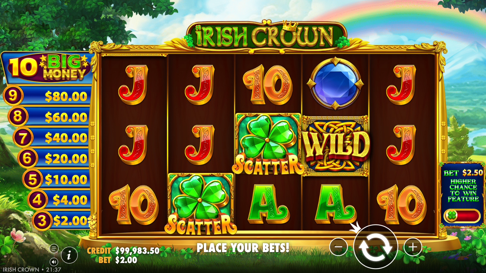 Two Scatter clover symbols and a Wild symbol on the Irish Crown reels