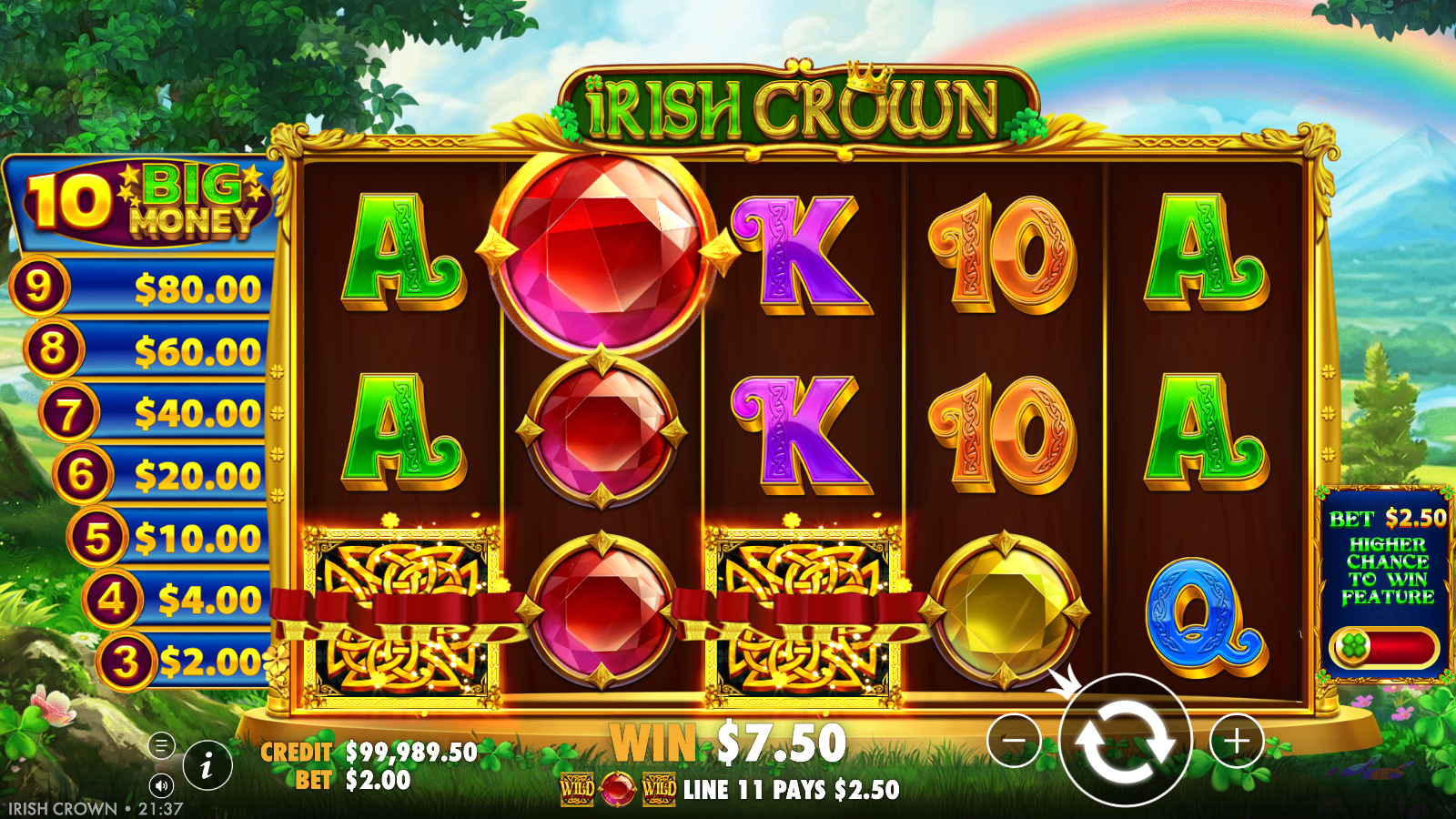 Two Wild symbols completing a winning payline in Irish Crown