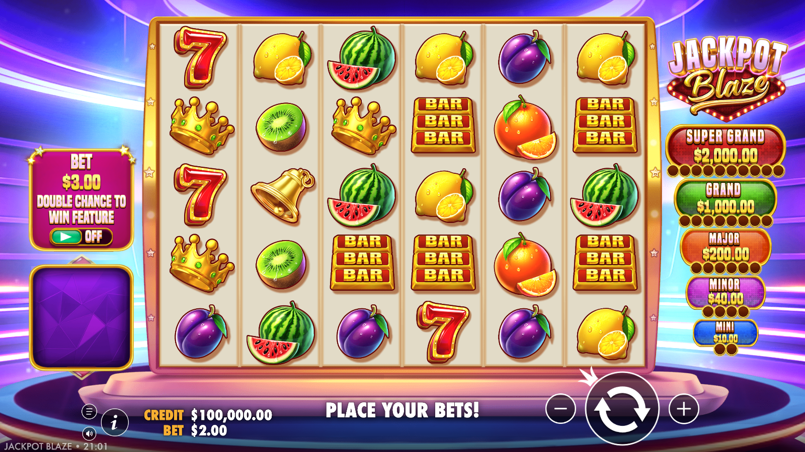 Jackpot Blaze 6x5 base game grid with the five jackpot tiers listed in AUD