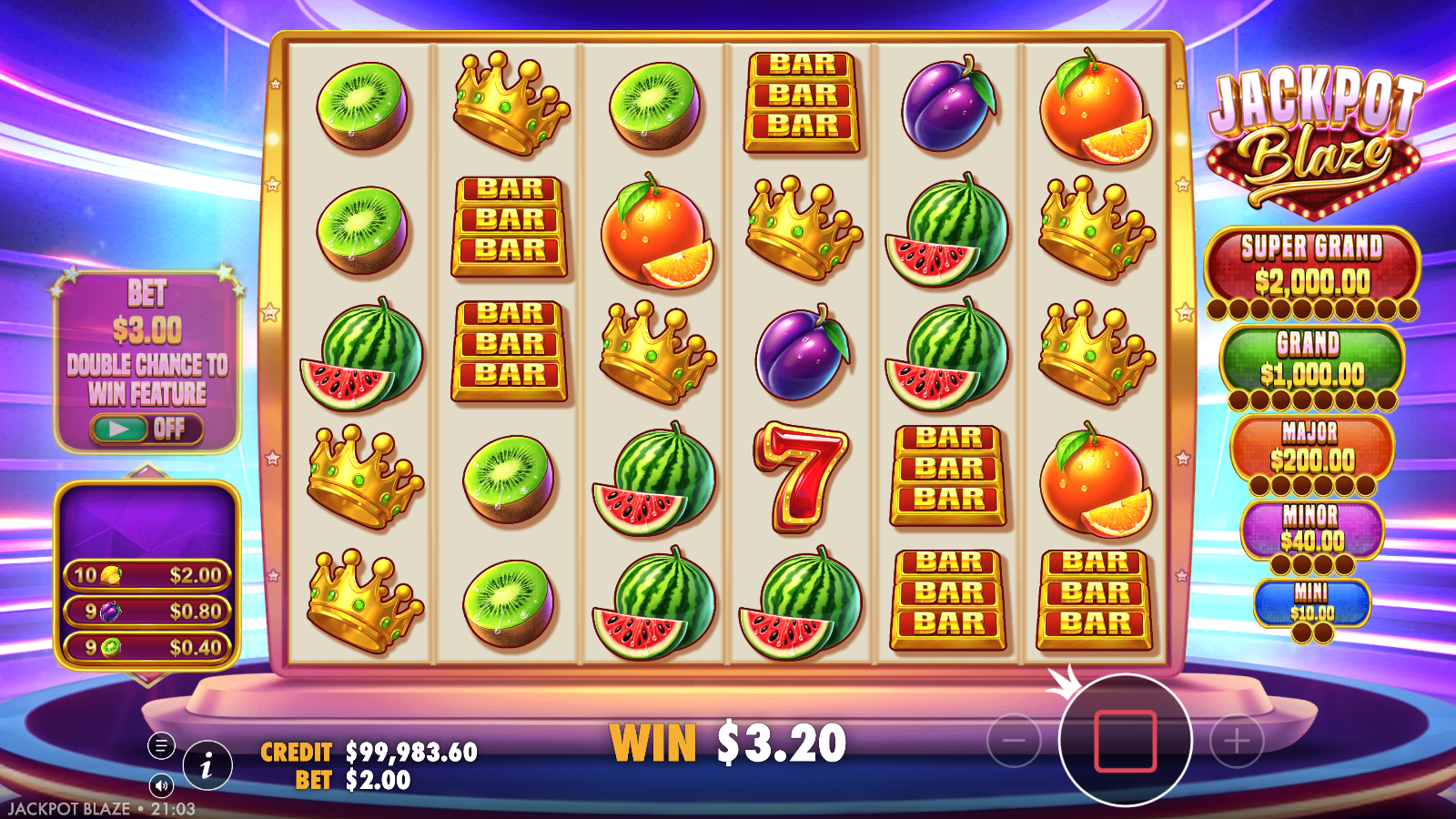 Scatter-pays cluster win tumbling in the Jackpot Blaze base game