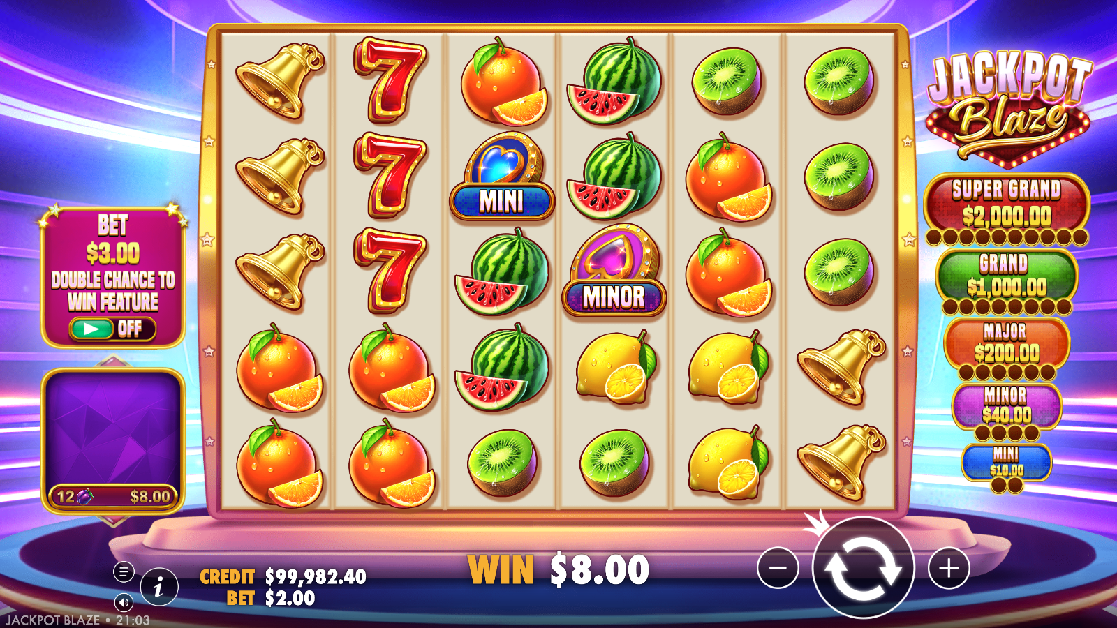 Mini and Minor Special Award symbols collecting during a tumble in Jackpot Blaze