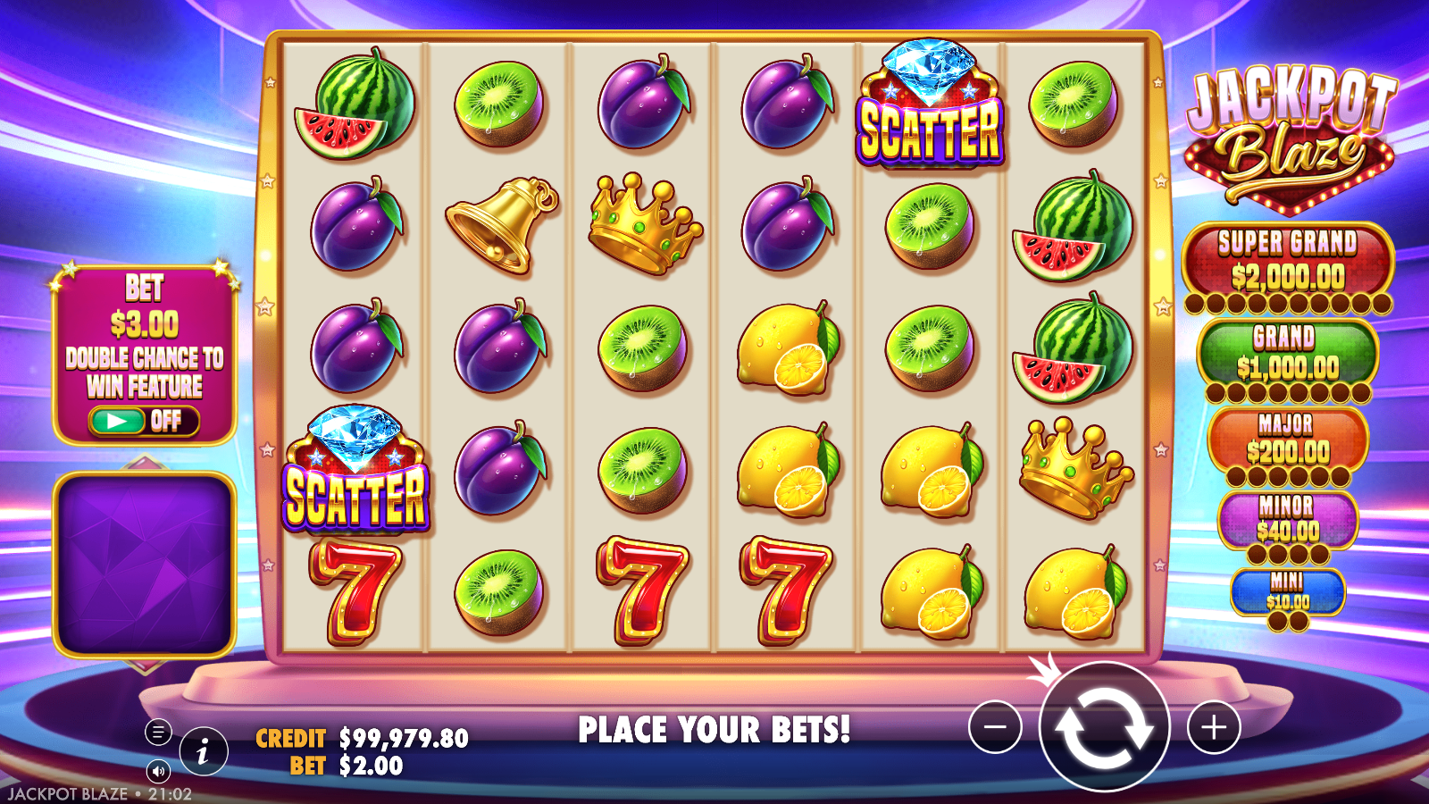 Diamond scatter symbols on the Jackpot Blaze reels, the Free Spins trigger