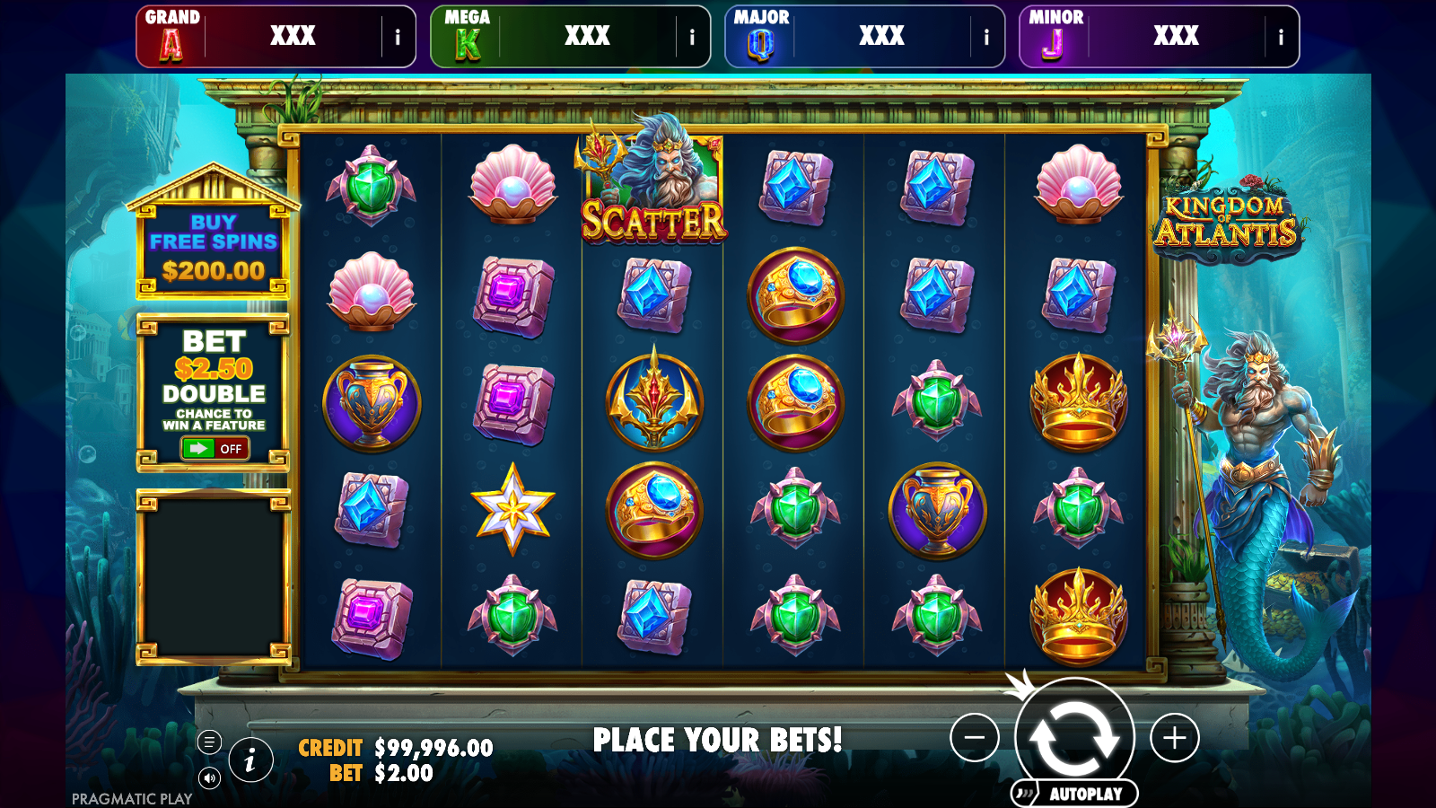 Kingdom of Atlantis Jackpot Play base game with the four jackpot meters above the reels