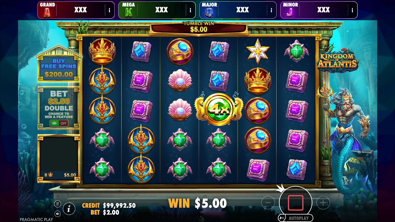 Base game multiplier symbol showing 4x while a A$5.00 tumble win is on screen