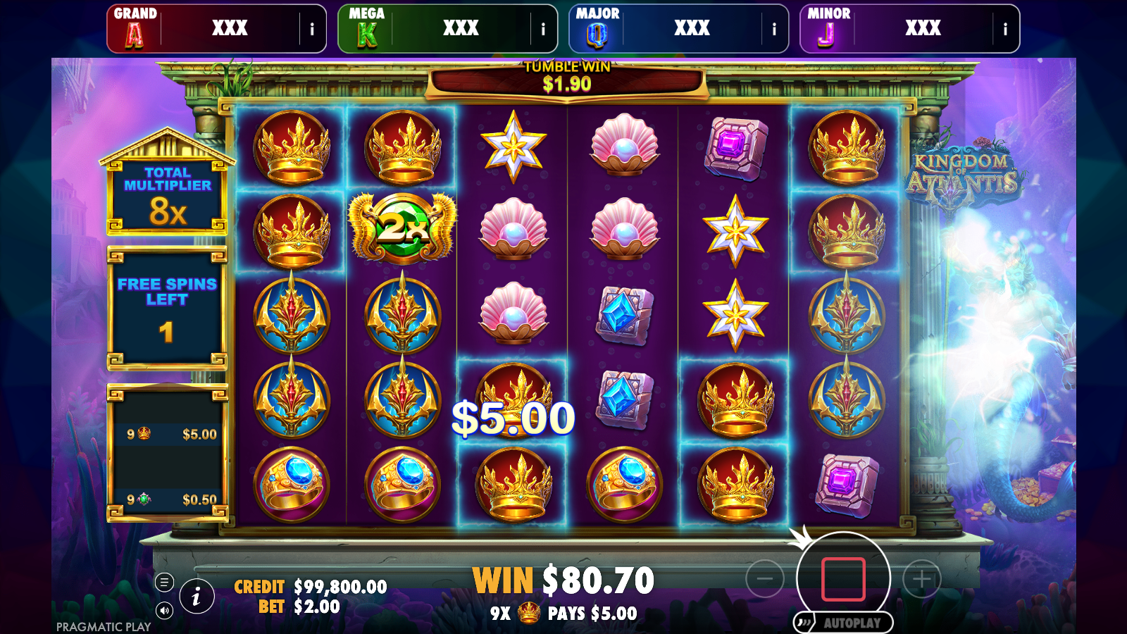 Free spins round showing a total multiplier of 8x with one free spin left