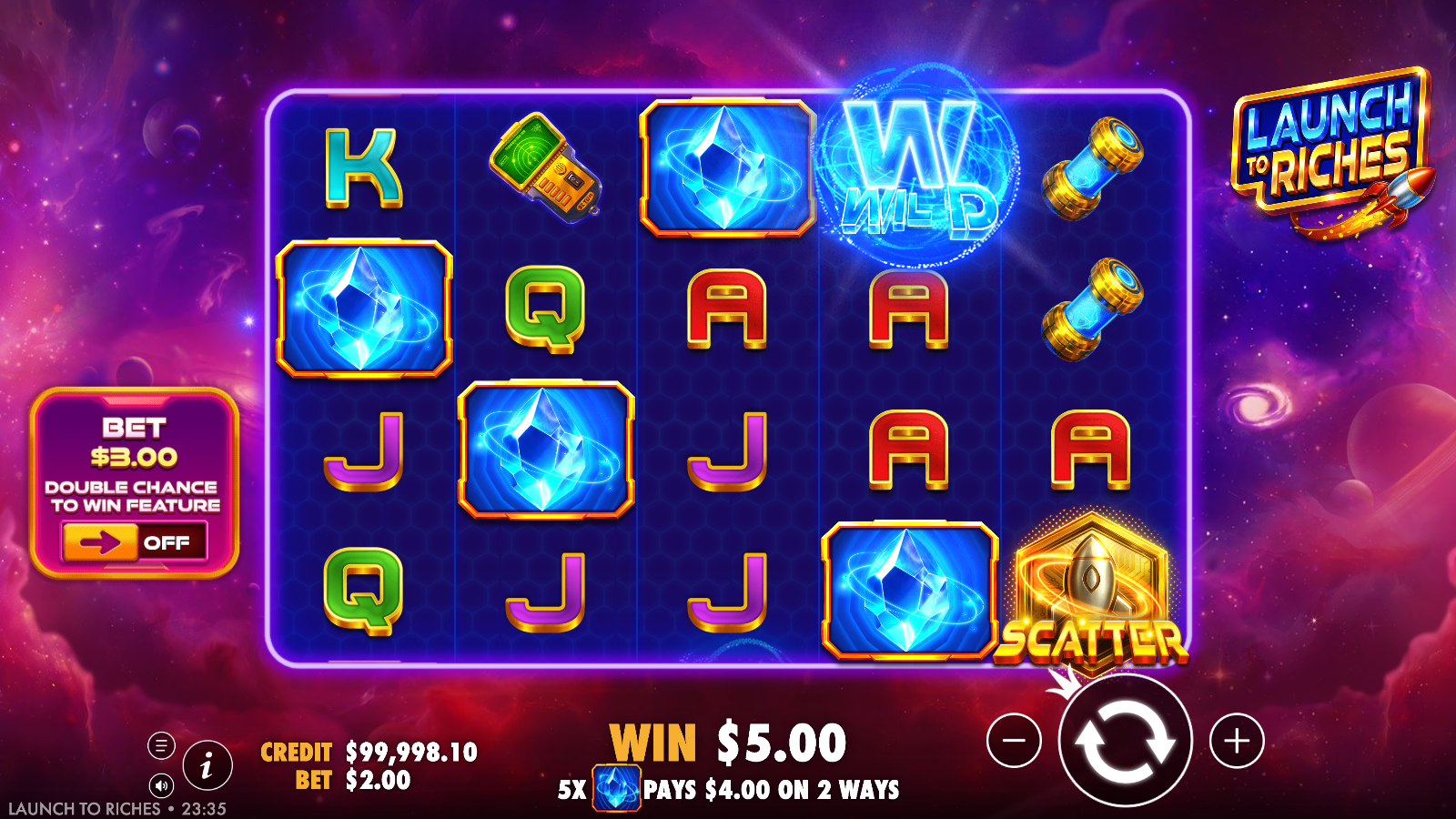 Launch to Riches base game showing a paying combination across the 5x4 grid with the ways win indicator, a blue Wild orb top-centre and a gold Scatter on the right reel