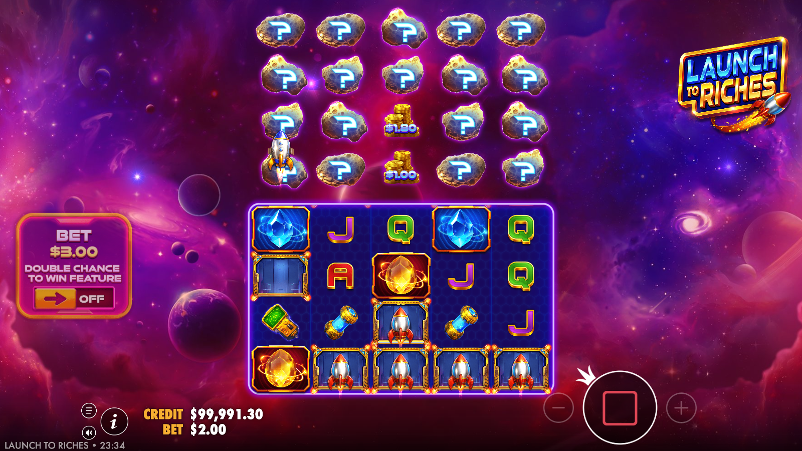 The Rocket Collect feature in action, rockets launching from the base reels up into the expanded asteroid field above
