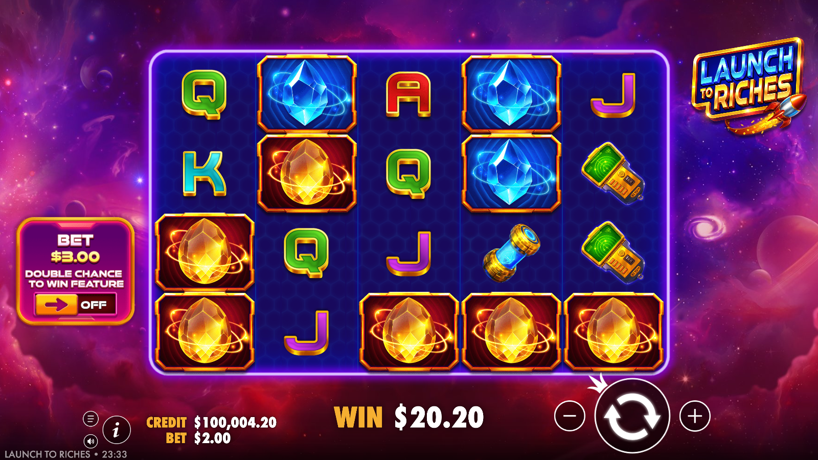 A higher-value base-game result with the bottom row filled with glowing Rocket Collect symbols as the win counter tallies the payout