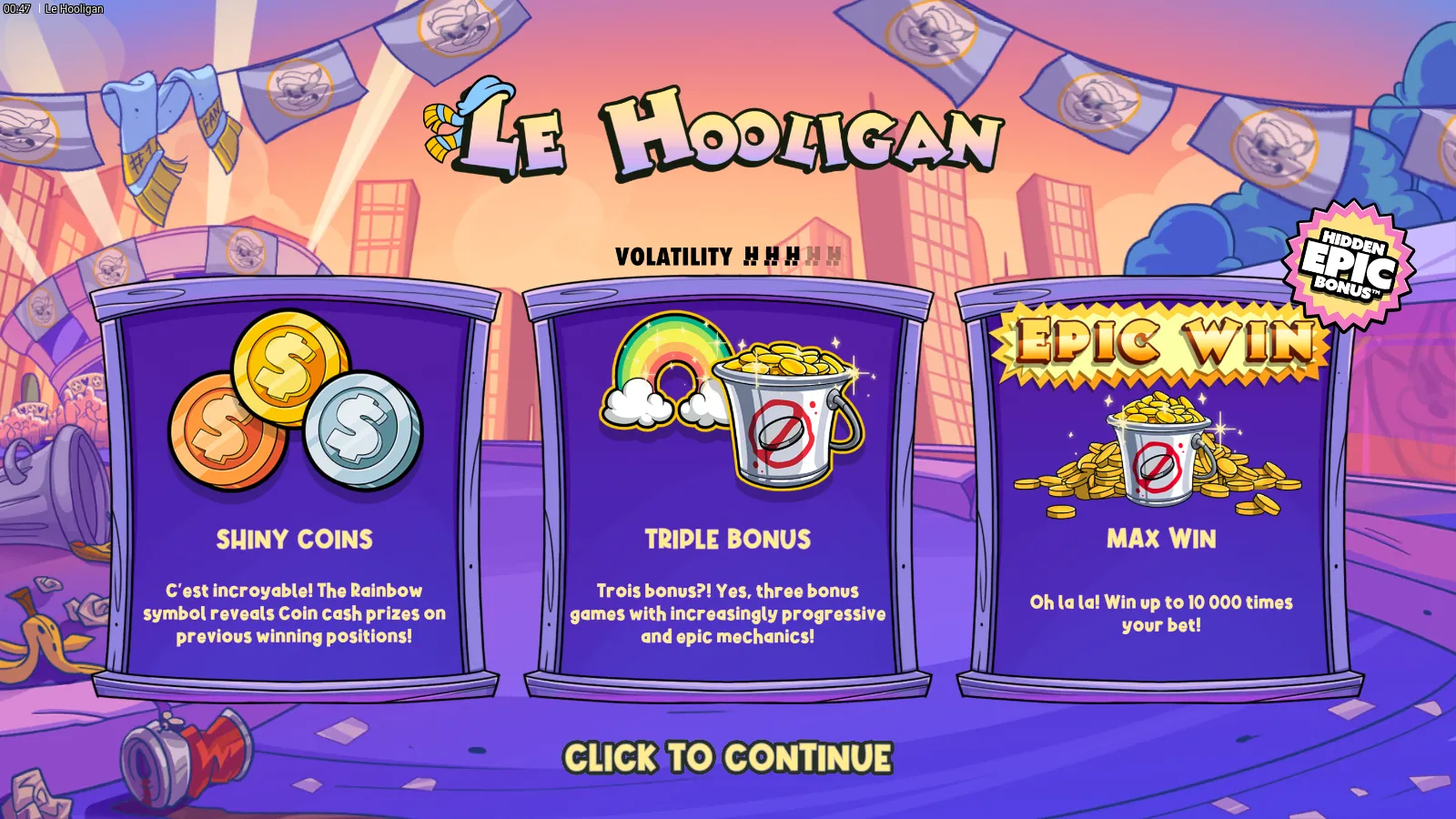 Le Hooligan welcome splash showing the three feature cards: Shiny Coins, Triple Bonus, Epic Max Win up to 10,000 times the bet against a purple stadium-terrace background with Smokey the Raccoon in hooligan colours
