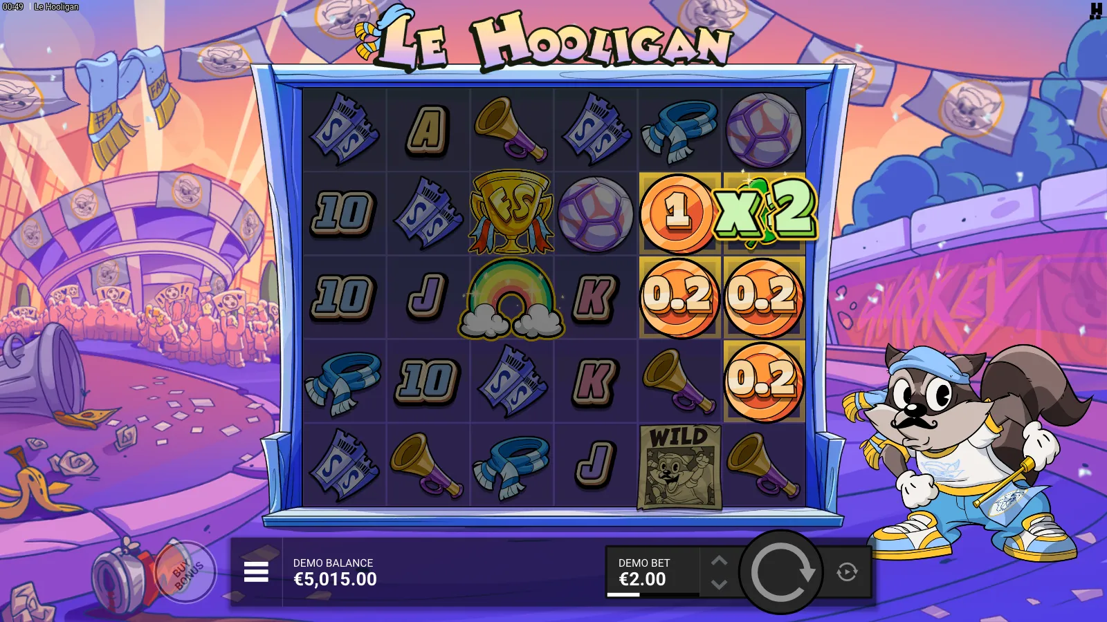 Le Hooligan Rainbow reveal showing a x2 Clover multiplier and 0.2 Bronze coin values on the right side of the grid with a Wild banner symbol bottom-right and Smokey the Raccoon mascot beside the reels
