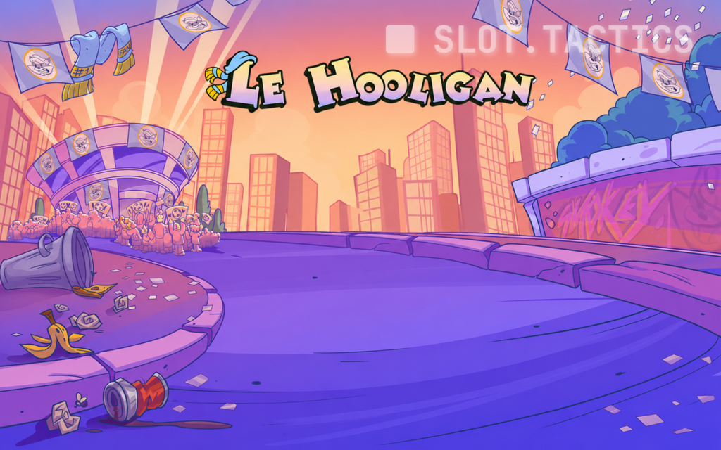 Le Hooligan slot key art with Smokey the Raccoon in hooligan colours on a stadium-terrace background