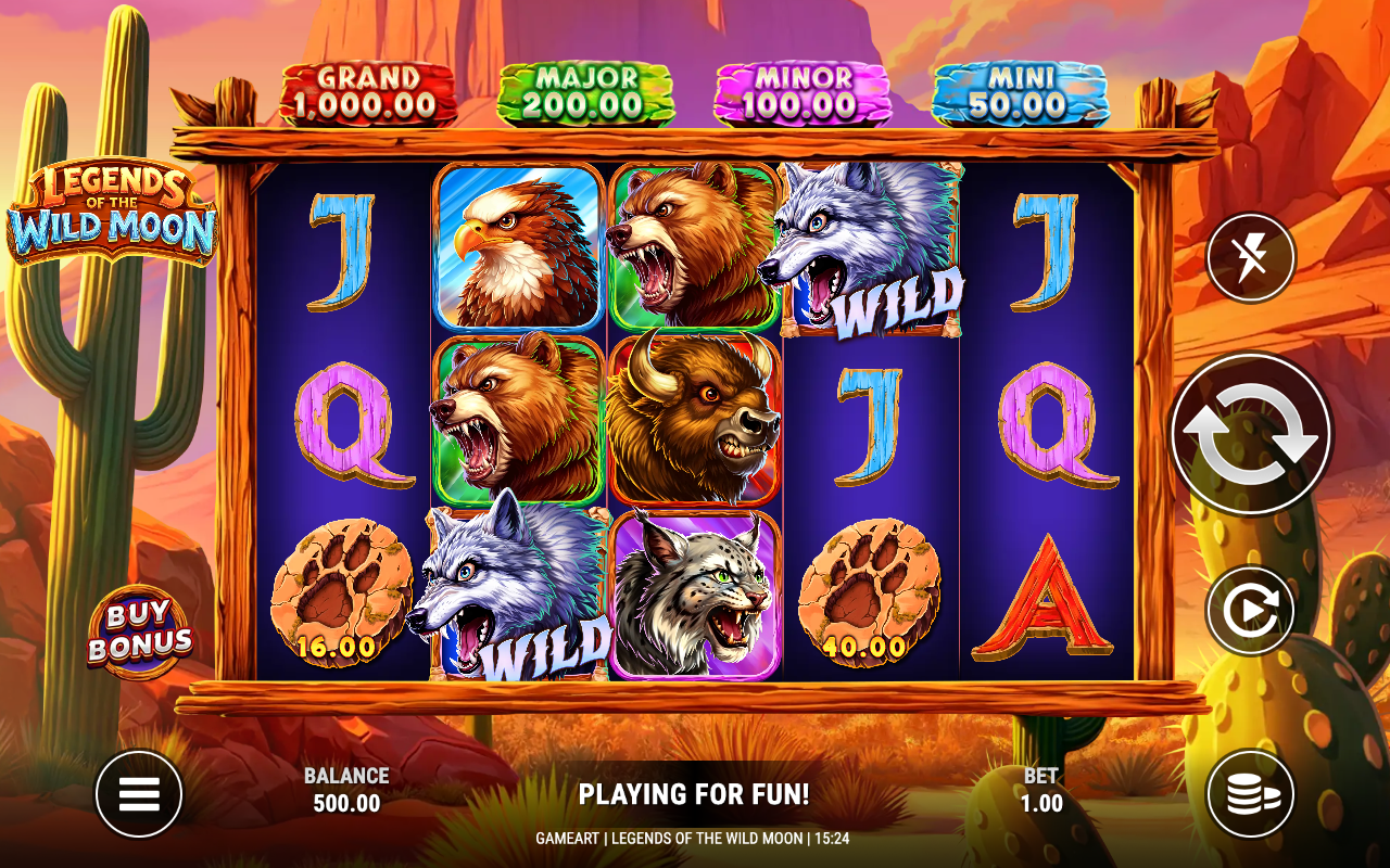 Legends of the Wild Moon base game 5 by 3 grid with the wolf and moon backdrop and the four-tier jackpot bar above the reels