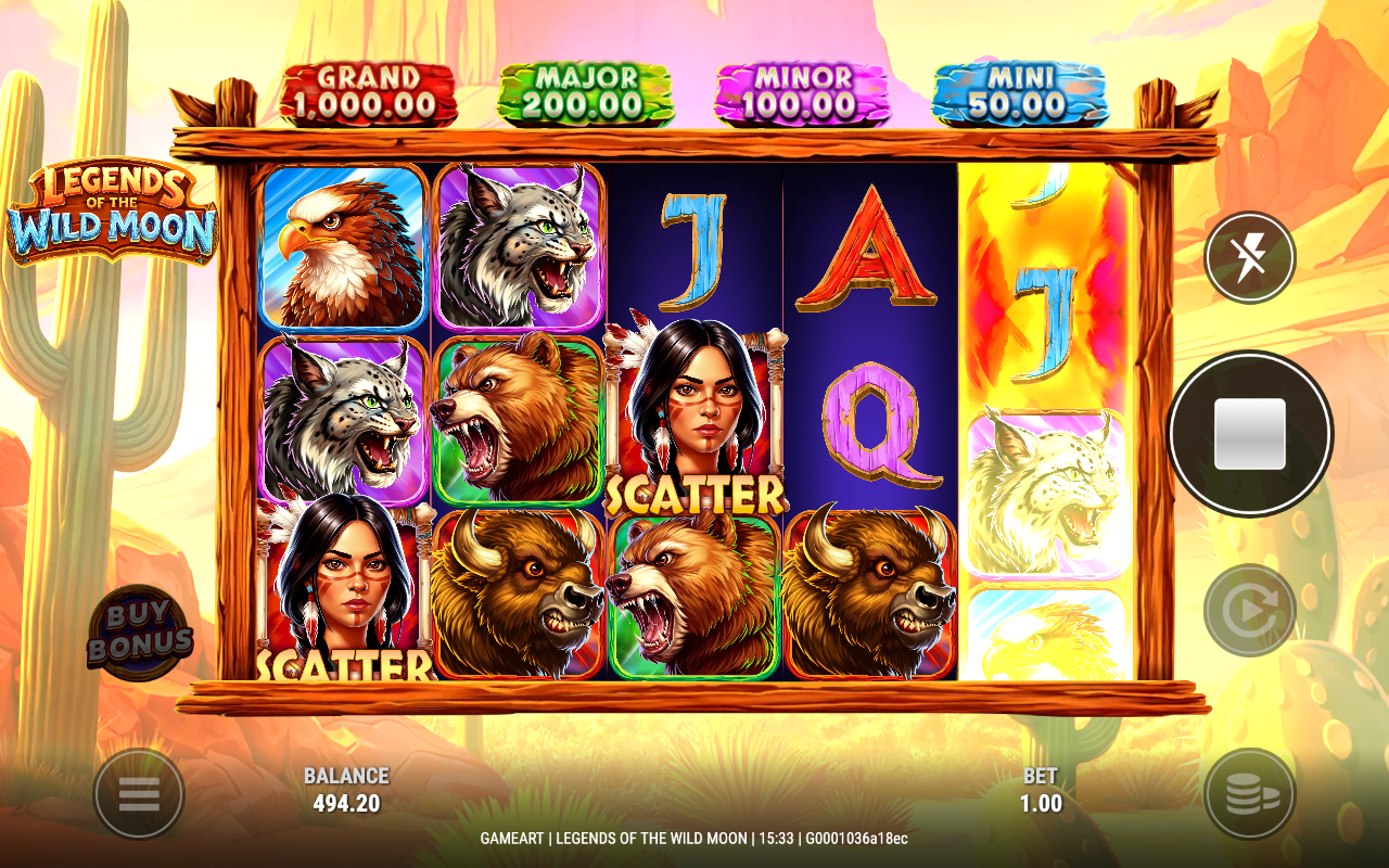 Two Guardian Maiden scatter symbols landed on the reels of Legends of the Wild Moon with the free spins build-up prompt on screen