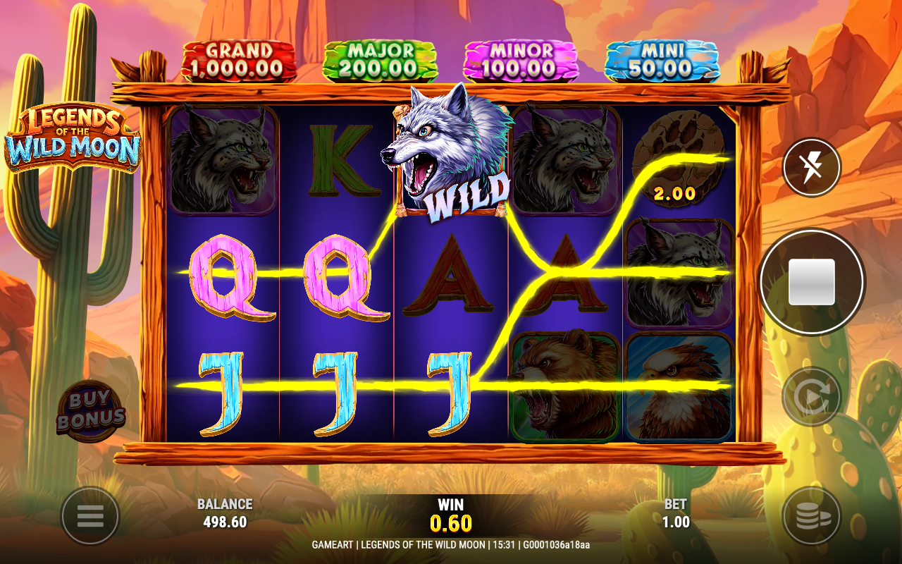 A winning payline on Legends of the Wild Moon with a Wolf wild symbol completing the line
