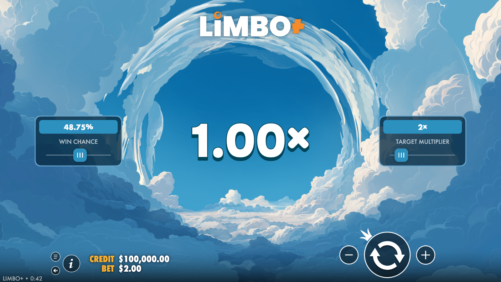 Limbo+ idle bet screen showing the Win Chance slider, Target Multiplier slider and central multiplier readout on the cloud theme