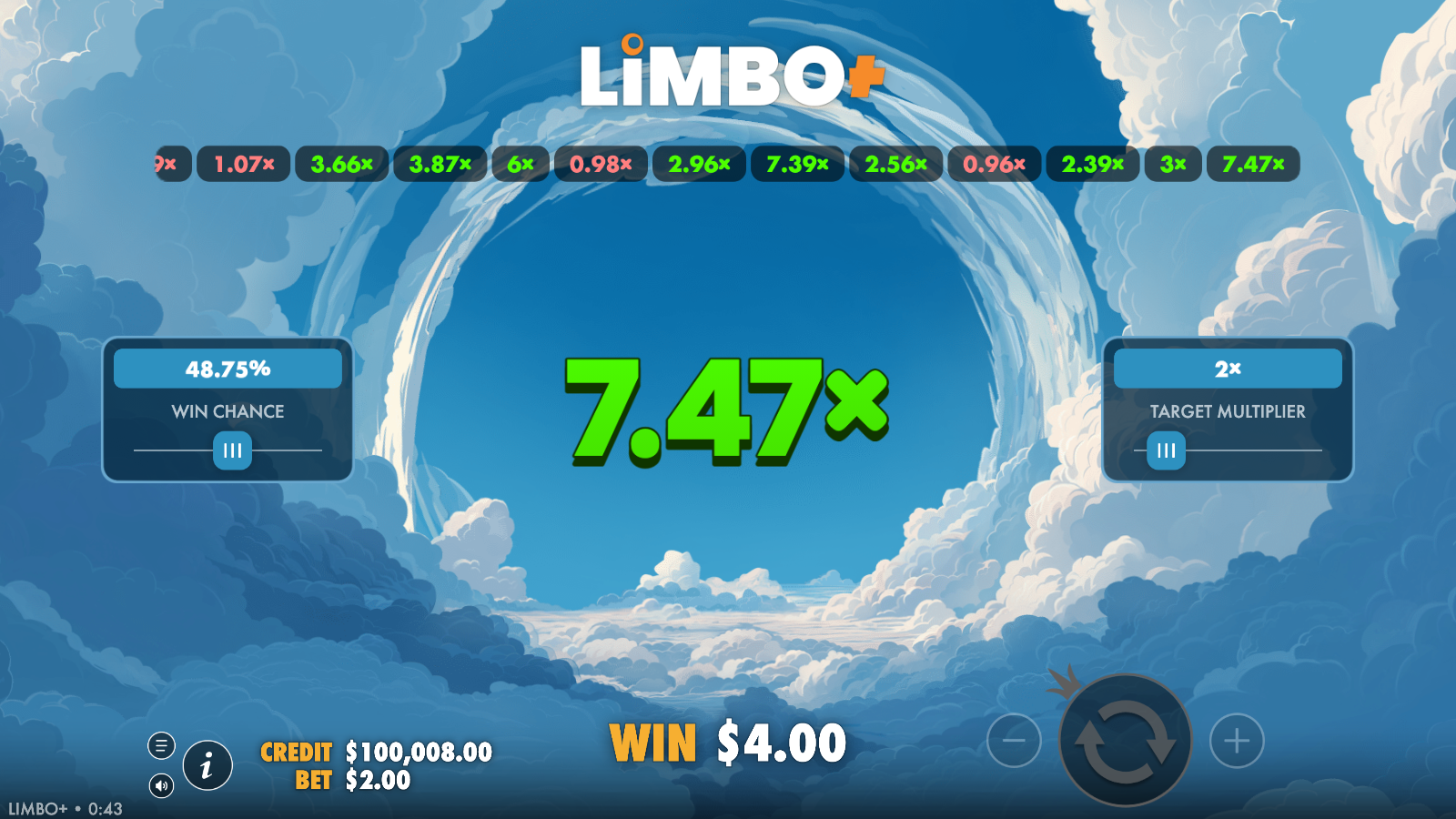 Limbo+ winning round with a high drawn multiplier shown in green above the chosen target and a colour-coded draw history ribbon