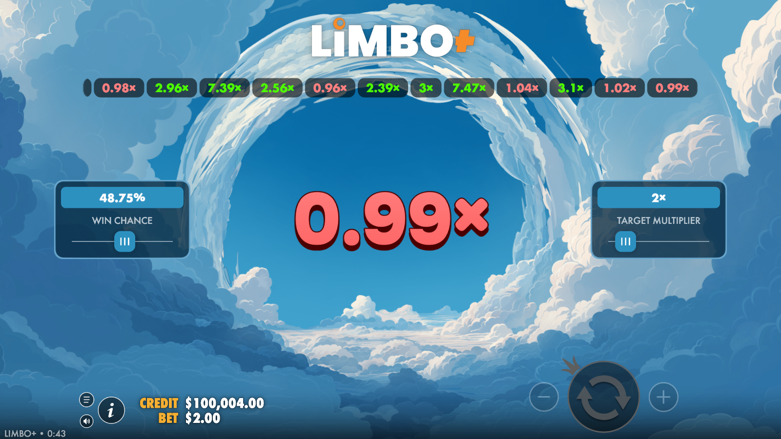 Limbo+ losing round with a near-floor drawn multiplier shown in red below the target and the running draw history ribbon