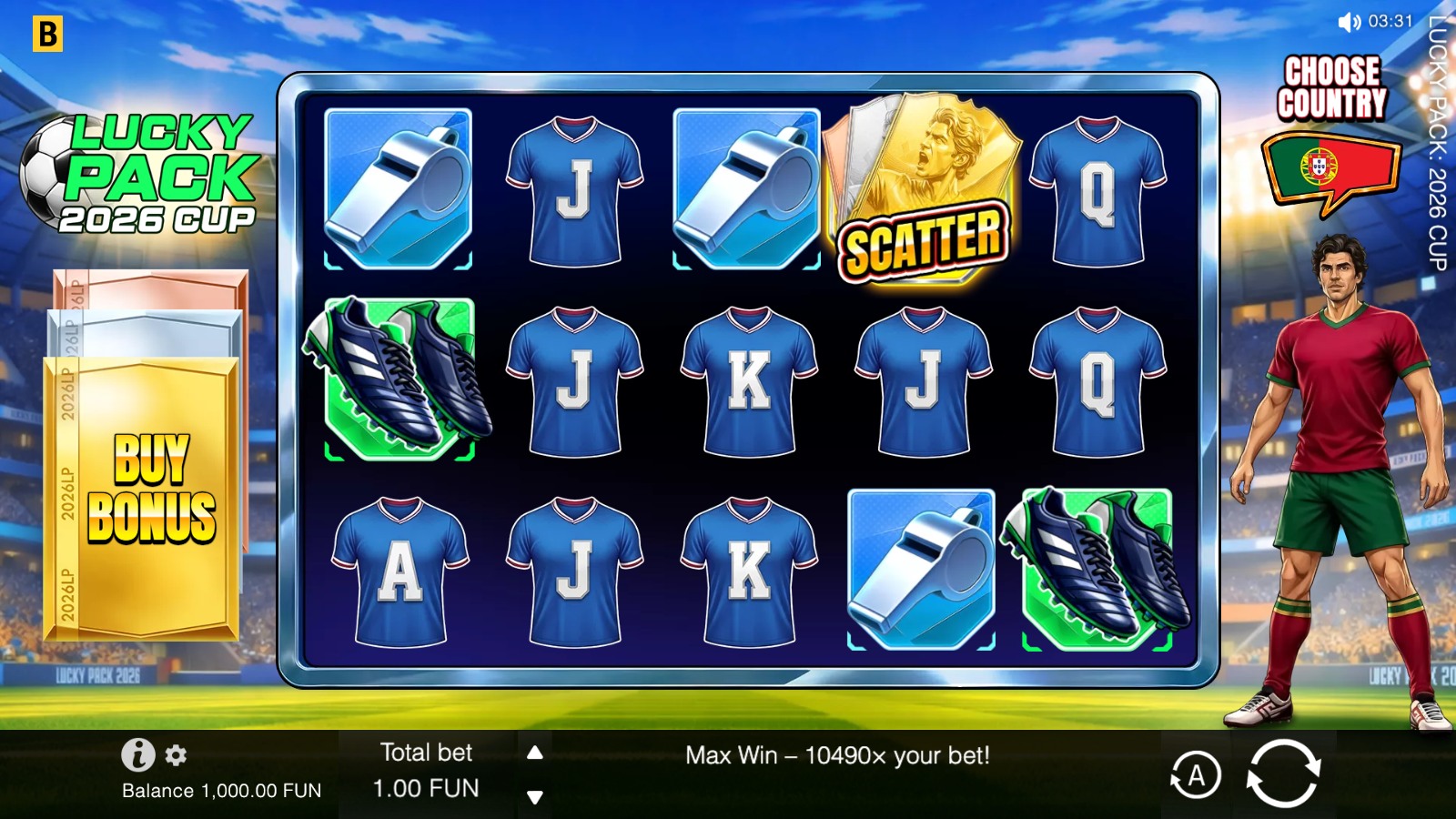 Lucky Pack 2026 Cup base-game grid showing the 5x3 layout with Whistle, Cleats, Soccer-kit premiums and the gold Scatter card stack, with the Buy Bonus button visible on the left