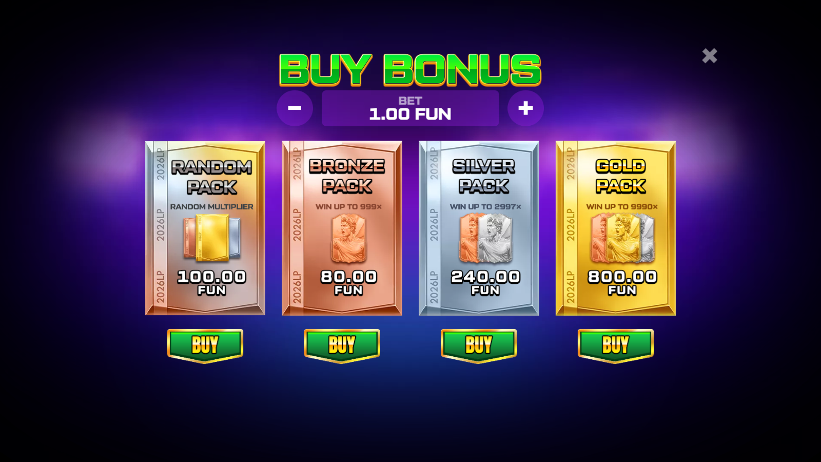 Lucky Pack 2026 Cup Buy Bonus menu showing all four pack tiers Random Bronze Silver Gold with their stake costs and multiplier caps