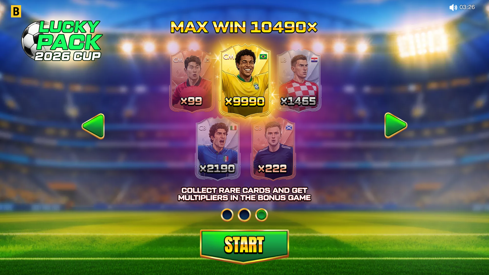 Lucky Pack 2026 Cup country selection screen showing six national flags Portugal France Mexico Germany Brazil India with player avatar
