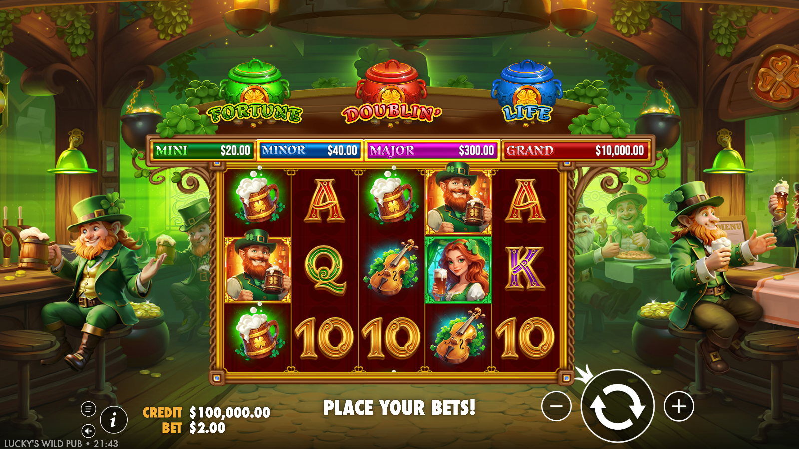 Lucky's Wild Pub base game 5x3 grid with the Mini, Minor, Major and Grand jackpot ladder and the Fortune, Doublin' and Life pots