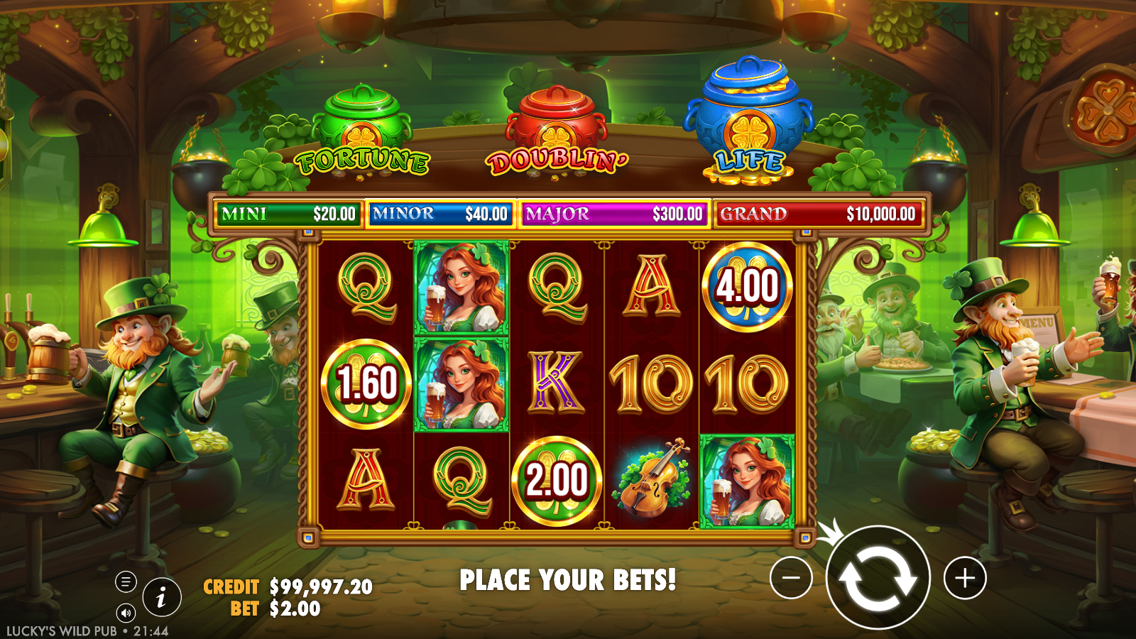 Lucky's Wild Pub reels showing gold money symbols carrying cash values landing in the base game